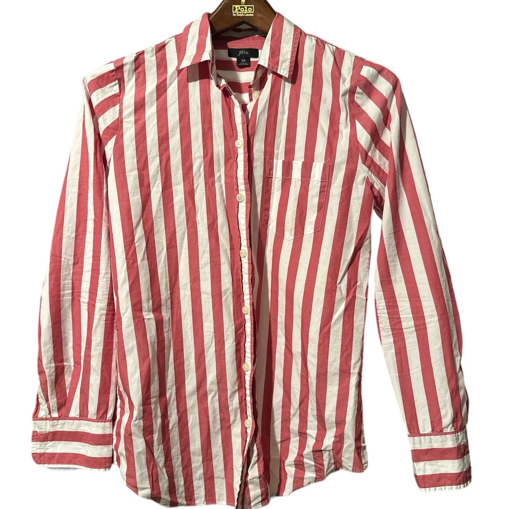 J. Crew Lightweight Shirt XS Pink White Stripe Button Up Blouse Classic Preppy